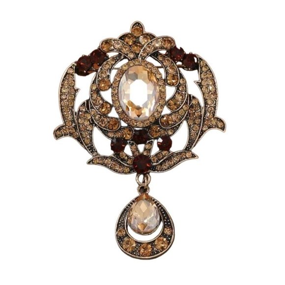 Brooch Amber Tone Glass Gold Tone Teardrop Dangle - Picture 1 of 1